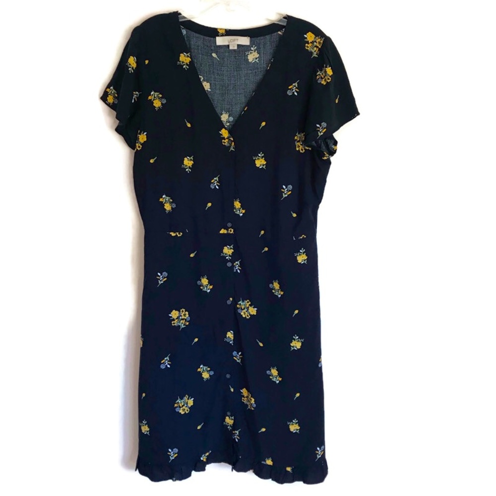 LOFT Floral Ruffle Beachy Shirt Dress M w Pockets
